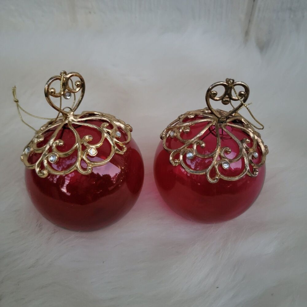 Set Of 2 Glass Ornament Red With Gold Accents